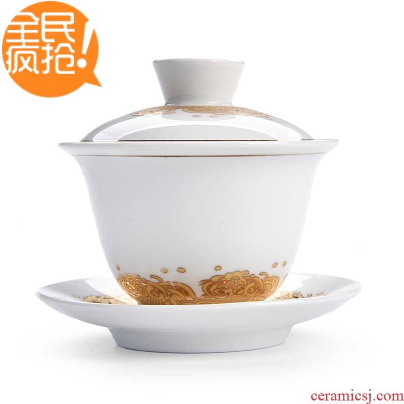 Hui shi tureen tea bowl three to jingdezhen blue and white porcelain tea set ceramic tea cup with cover white porcelain