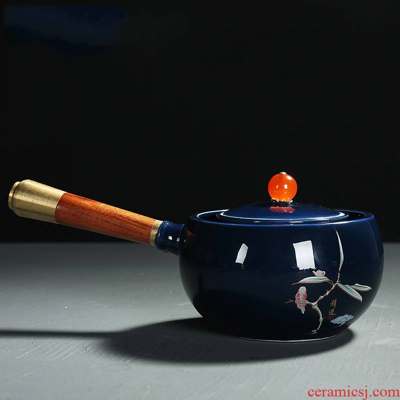 Coarse after getting side pot of Japanese wooden handle teapot who mandarin orange, black pottery single pot of kung fu tea pu 'er tea