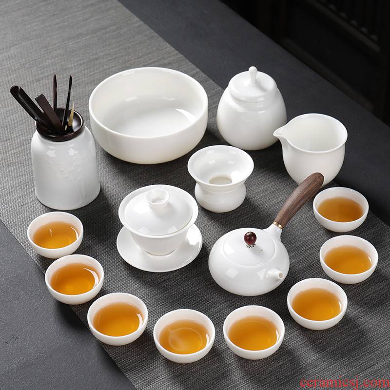Ya xin dehua white porcelain kung fu tea set suet jade porcelain of a complete set of domestic tea tureen tea cup teapot