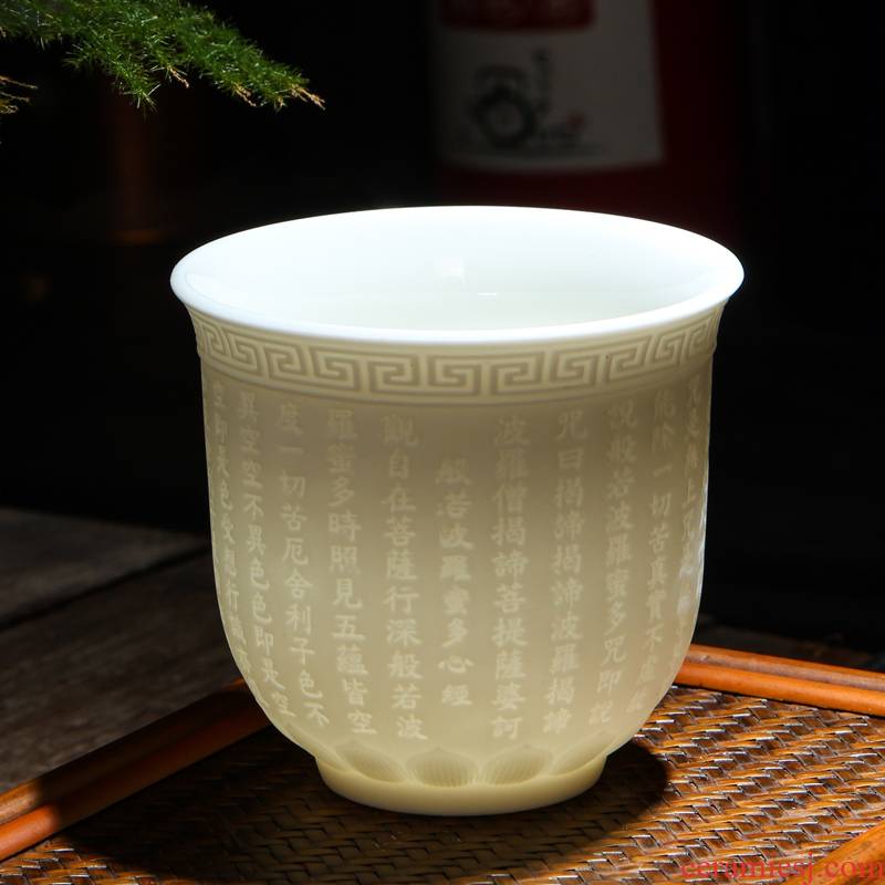 Dehua suet white jade high hand of jade porcelain large personal heart sutra buford make tea cups inside carving float glass