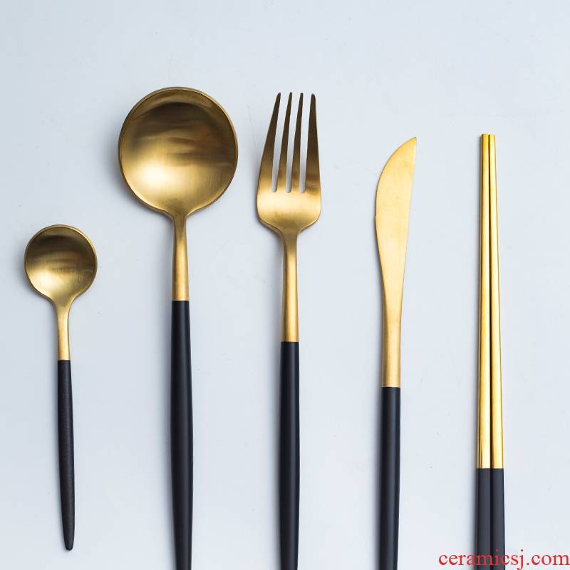Black and white and gold and silver wire drawing of stainless steel tableware suit beefsteak coffee spoon dinner knife and fork spoon, chopsticks combination