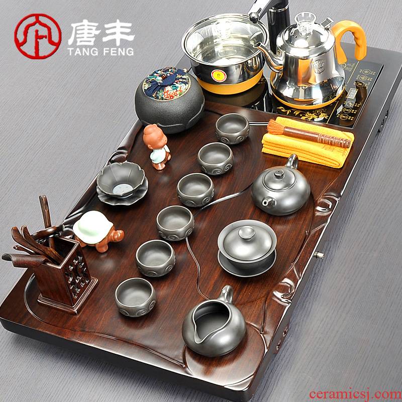 Tang Feng ceramic purple kung fu tea set suit household contracted and I Chinese style restoring ancient ways of a complete set of solid wood tea tray cups