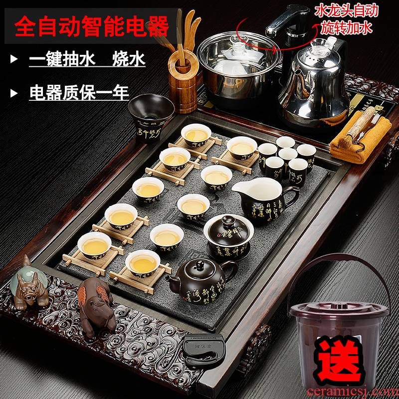 Back on tea set purple sand pottery and porcelain of a complete set of ice to crack kung fu tea set four unity electric magnetic furnace solid wood tea tray