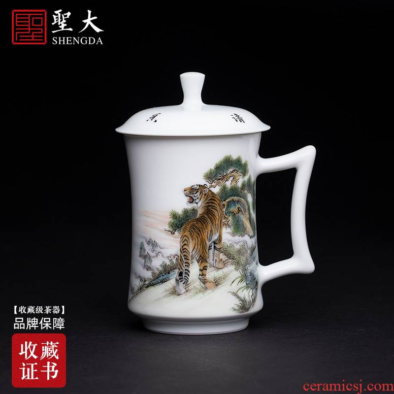 The big office cup hand - made ceramic famille rose roars The when tea cup with lid handle manual of jingdezhen tea service