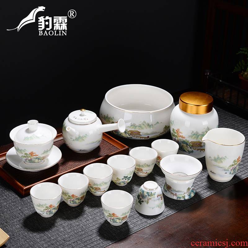 Leopard lam suet jade white porcelain tea set of the pot of tea tureen side sea) checking household gifts tea set