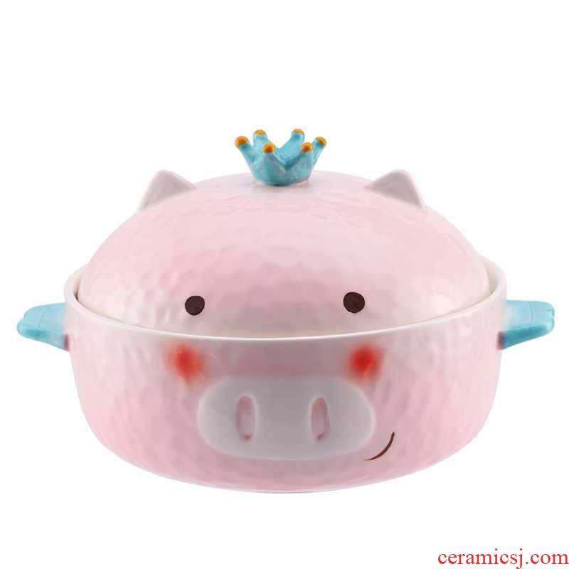 Ceramic pig mercifully rainbow such as bowl with lovely girl heart with cover student dormitory nice bowl chopsticks tableware suit in use