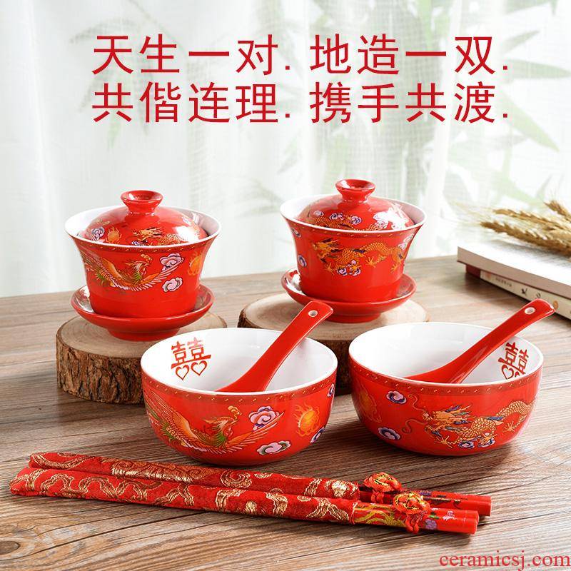Wedding Wedding gift pack suits for Chinese red ceramics corwin xi xi cups and tea cups