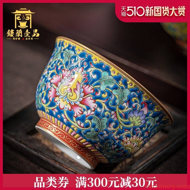 Jingdezhen ceramic powder enamel manually bound within the lotus flower blue pressure hand a cup of tea cup kung fu tea master single CPU