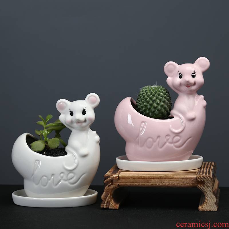 Cartoon mouse fleshy flowerpot ceramic creative move indoor the plants celestial being potted small white flowers