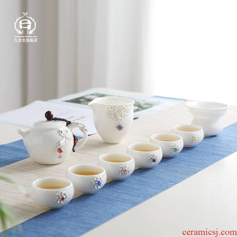 Jingdezhen suet jade porcelain kung fu tea set suit I household contracted tea ware ceramic cups three tureen