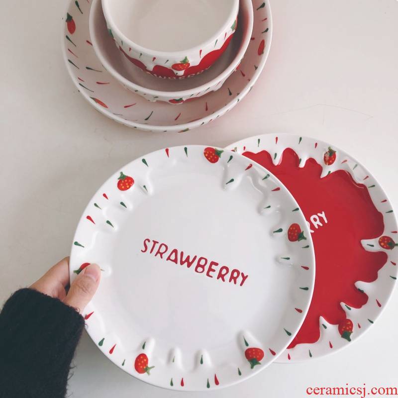 Strawberry ceramic disc ins wind lovely hand - made breakfast tray Strawberry fruit bowl bowl of milk cup sweet afternoon tea