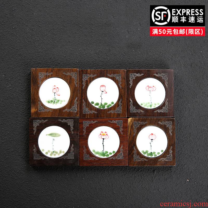 Ebony wood coasters hand - made ceramic tea cup mat insulation anti - skid saucer set of kung fu tea tea accessories
