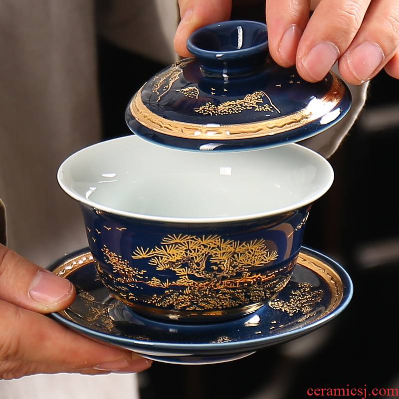 Manual colored enamel three tureen only protect hot ceramic kung fu tea set small teacup restoring ancient ways individual household tea bowl