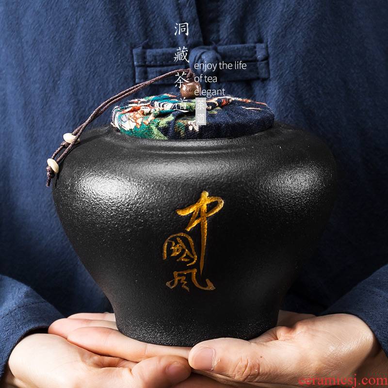 Black pottery in floor caddy fixings household ceramic seal tank large portable moistureproof receives kung fu tea tea taking
