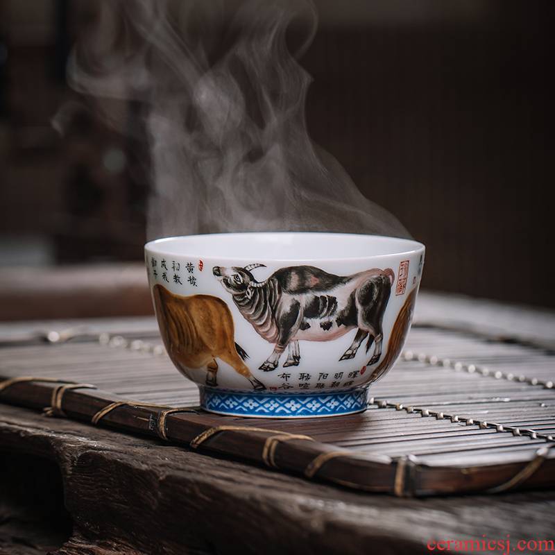 Owl up jingdezhen tea master cup single cup tea five NiuTu archaize of hand - made of ceramic famille rose