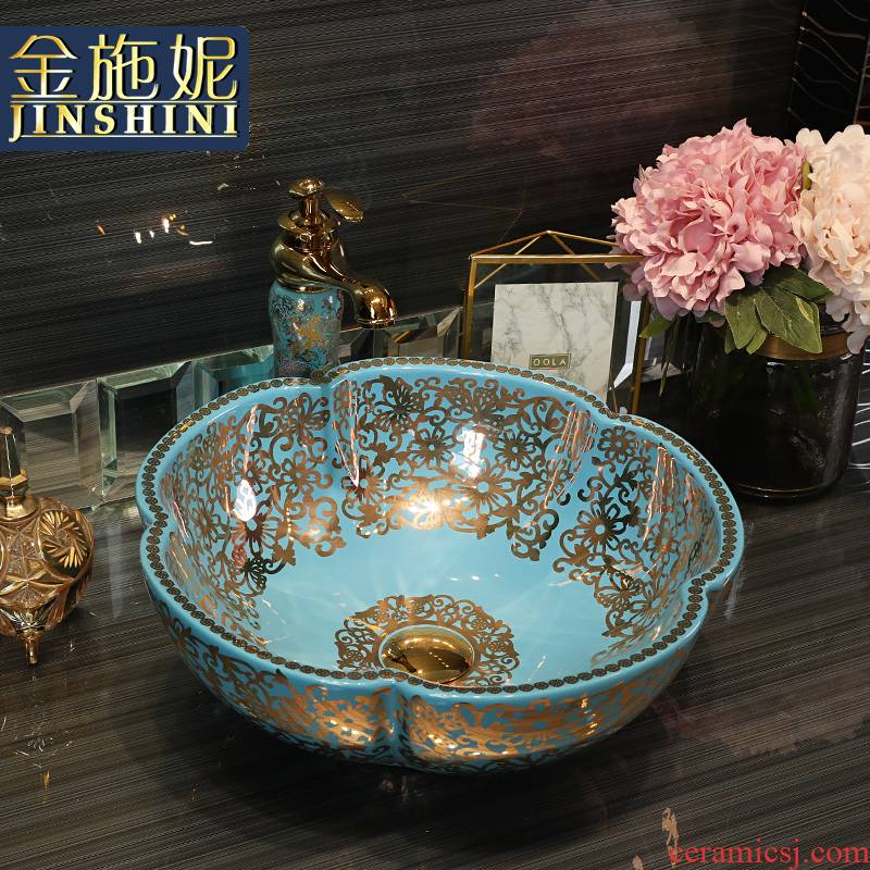 Gold cellnique European art basin of household ceramics basin bathroom basin taps blue Gold coloured drawing or pattern