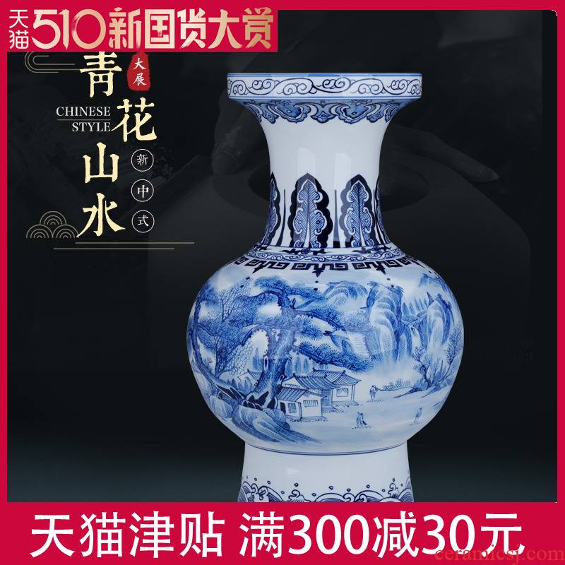 Hand made blue and white landscape large vases, ceramic checking porcelain bottle Chinese flower arranging decoration large living room