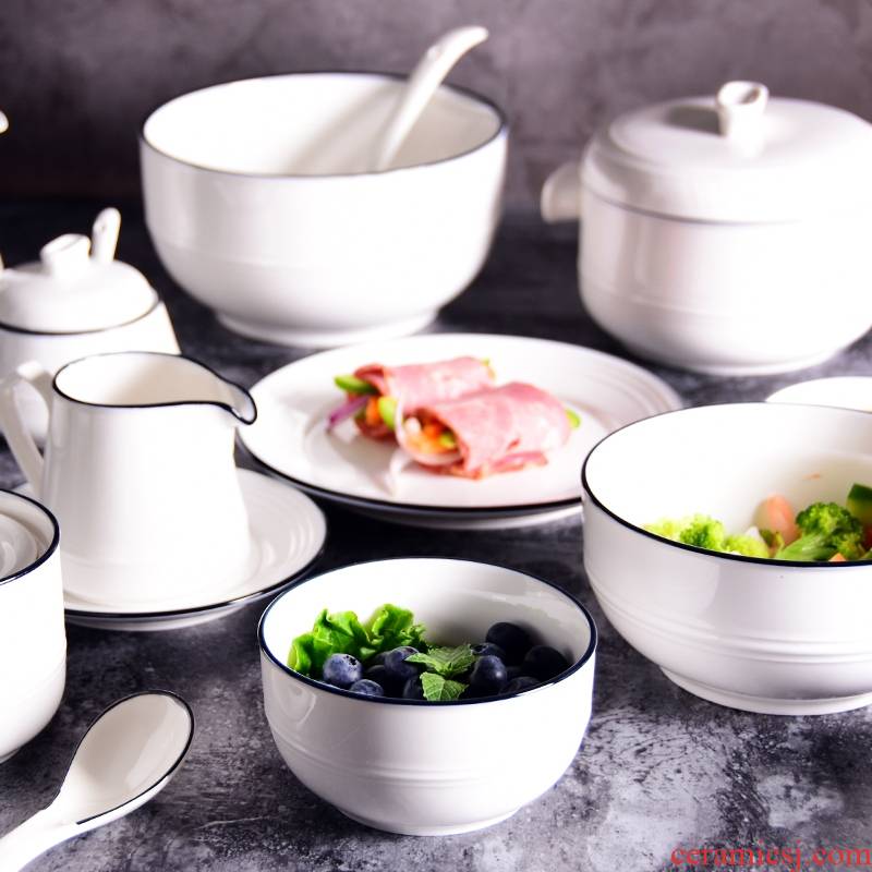 Add some joy blue edge ceramic bowl dish plates stew rice bowls salad bowl of beef noodles in soup bowl of western teapot home plate