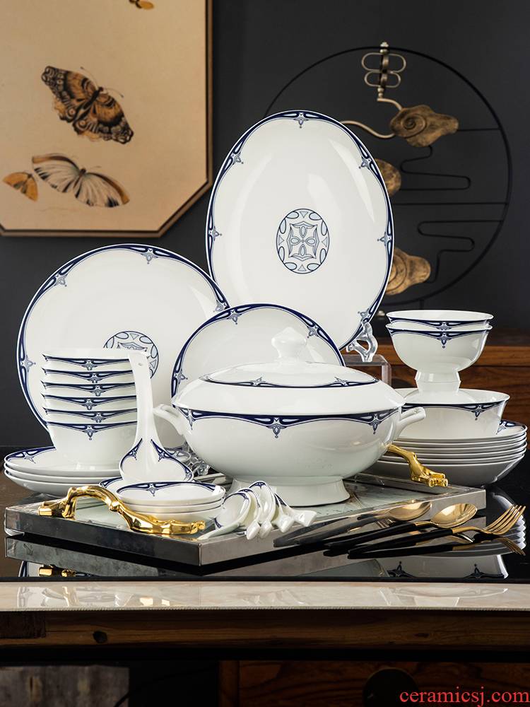 , Chinese dishes suit domestic high - grade jingdezhen blue and white porcelain is I and contracted glair cutlery set