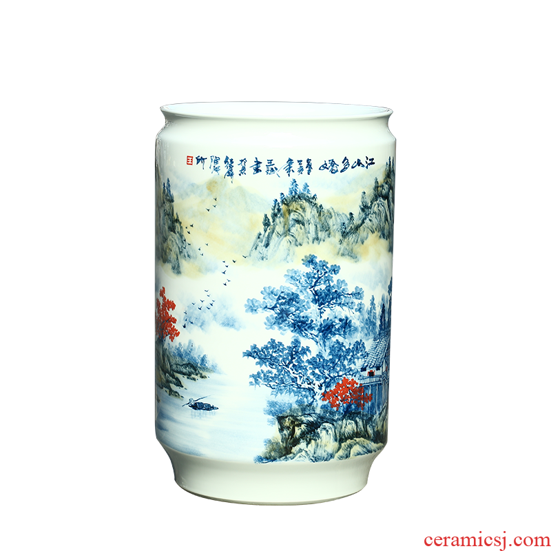Jingdezhen ceramic hand - made scenery quiver painting and calligraphy scrolls cylinder sitting room ground vase study furnishing articles ornaments