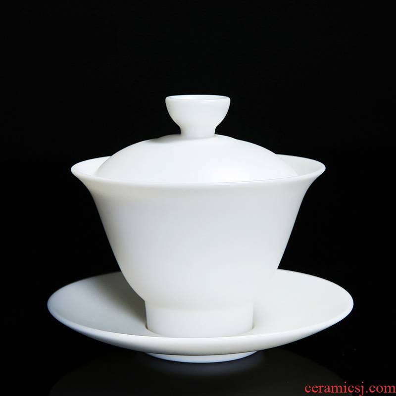 Dehua white porcelain tureen only three bowls of suet jade kung fu tea set manually a single large tea cups to use