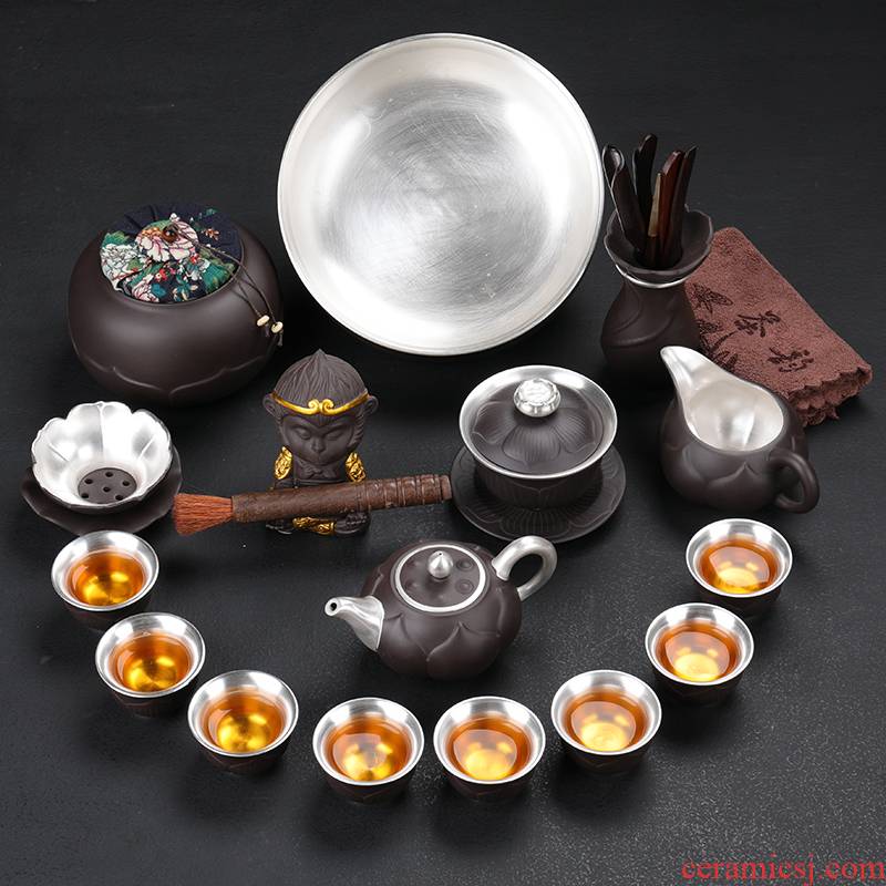 Tasted silver gilding silver cup purple sand tea set household 999 sterling silver, kung fu tea set gift office of a complete set of the teapot