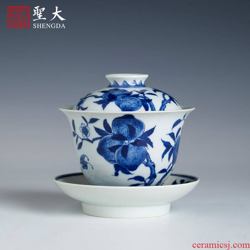 St large ceramic three tureen cup pure blue and white peach hand - drawn lines tureen tea bowl of jingdezhen kung fu tea set