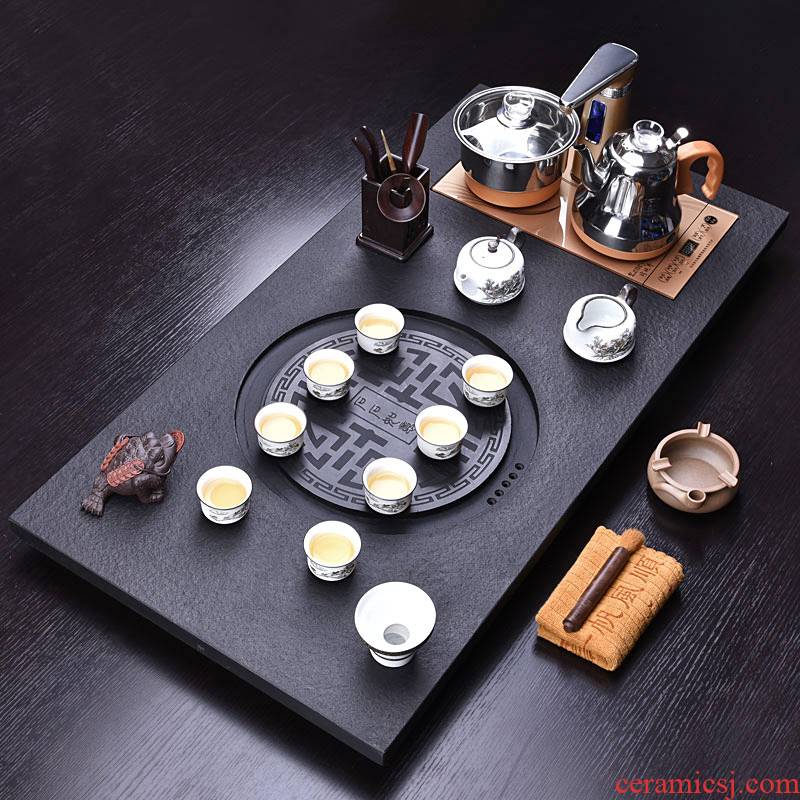 HaoFeng purple sand tea set home four unity sharply stone solid wood tea tray automatically kung fu tea tea tea