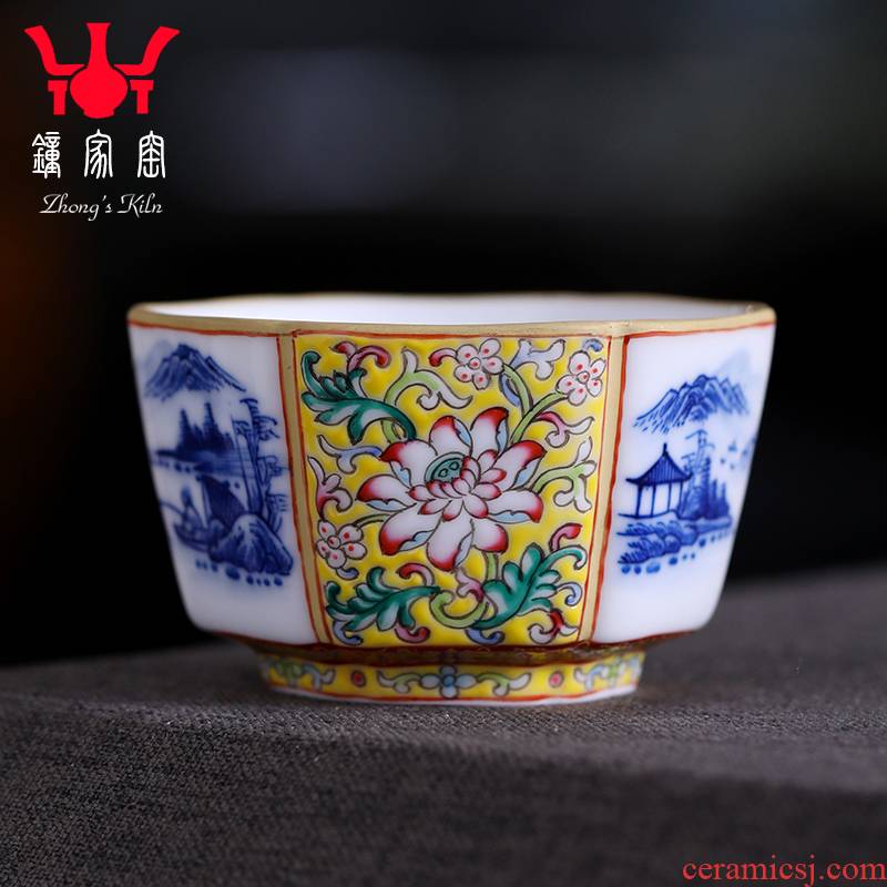 Clock home teacups hand - made porcelain up kung fu landscape colored enamel lotus flower grain six table mountain water cup of jingdezhen tea service