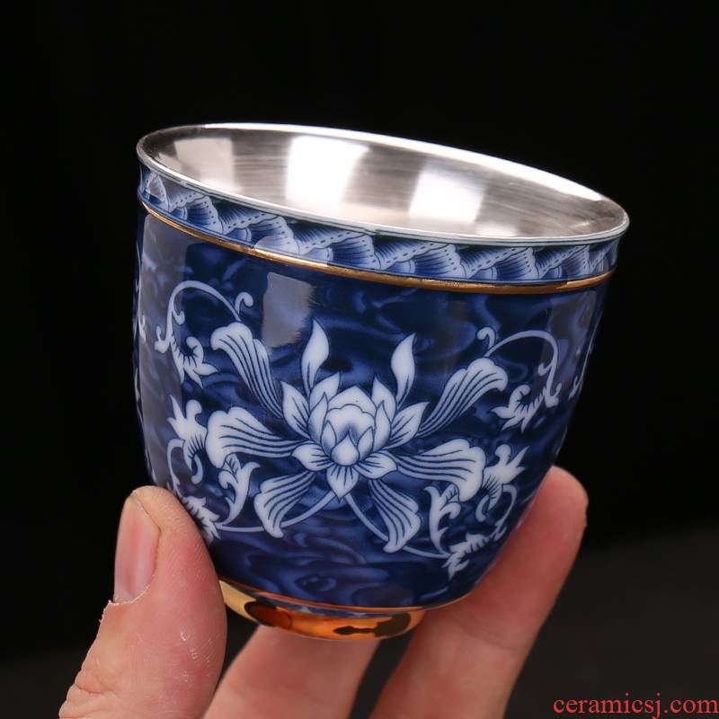999 sterling silver cup ceramic sample tea cup kung fu tea tasted silver gilding masters cup blue and white tea cup, large bowl