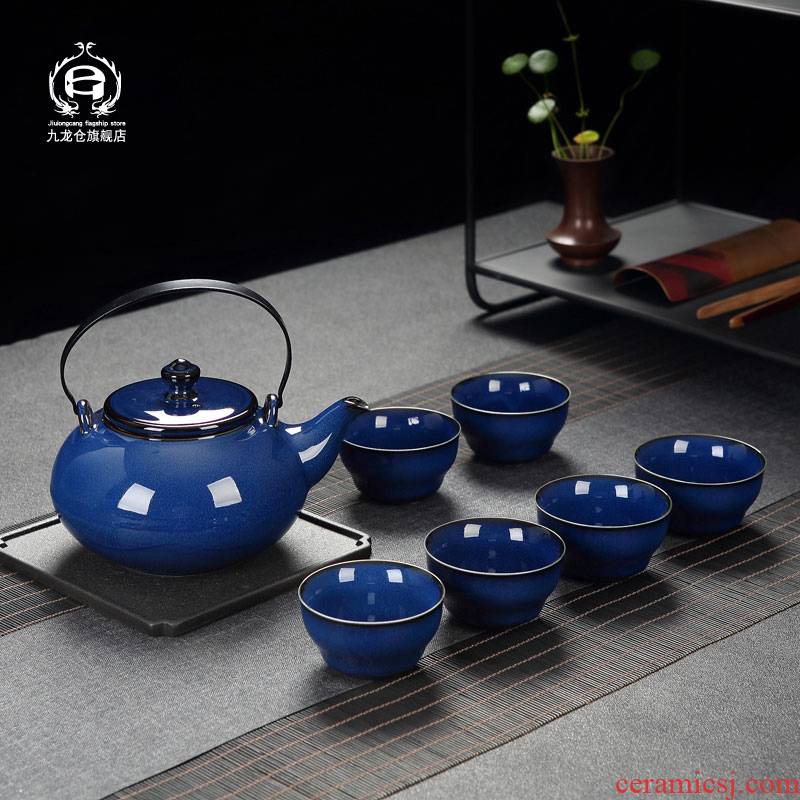 Restoring ancient ways of jingdezhen tea service of a complete set of suit household altar blue glaze girder pot masters cup large - sized ceramic kung fu tea pot