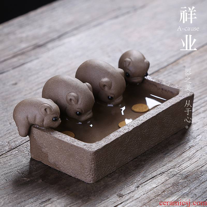 Auspicious industry potted pig lovely mini plutus yixing period of violet arenaceous mud play boutique tea pet furnishing articles tea tea to keep