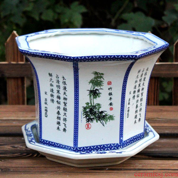 Thickening ceramic extra large blue and white flower pot anise fleshy send tray has a small hole, orchid basin hole, bracketplant desktop