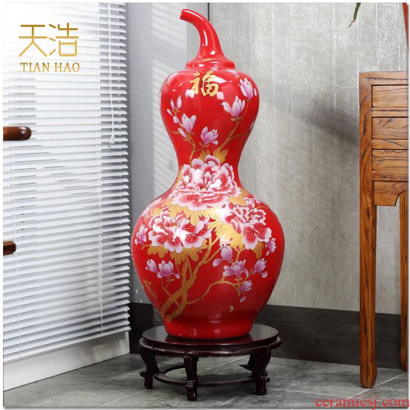 Jingdezhen China red peony maxim gourd vase of large sitting room home decoration furnishing articles