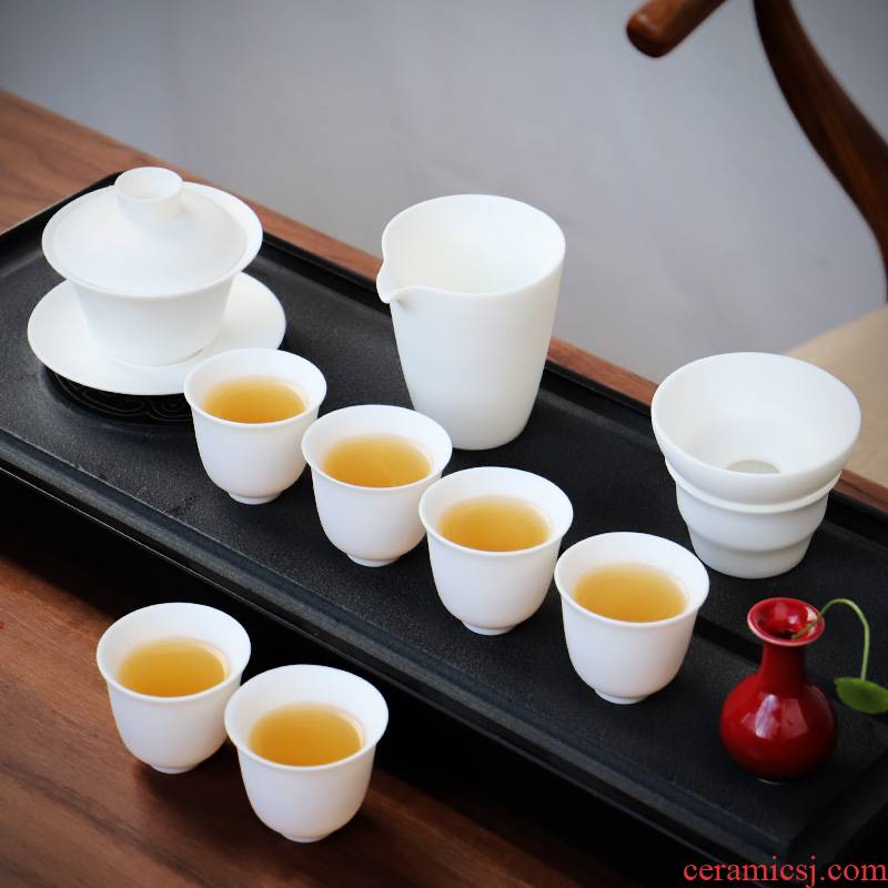 Dehua suet jade porcelain kung fu tea set suit household contracted white porcelain ceramic tea tureen tea cups of a complete set of gifts