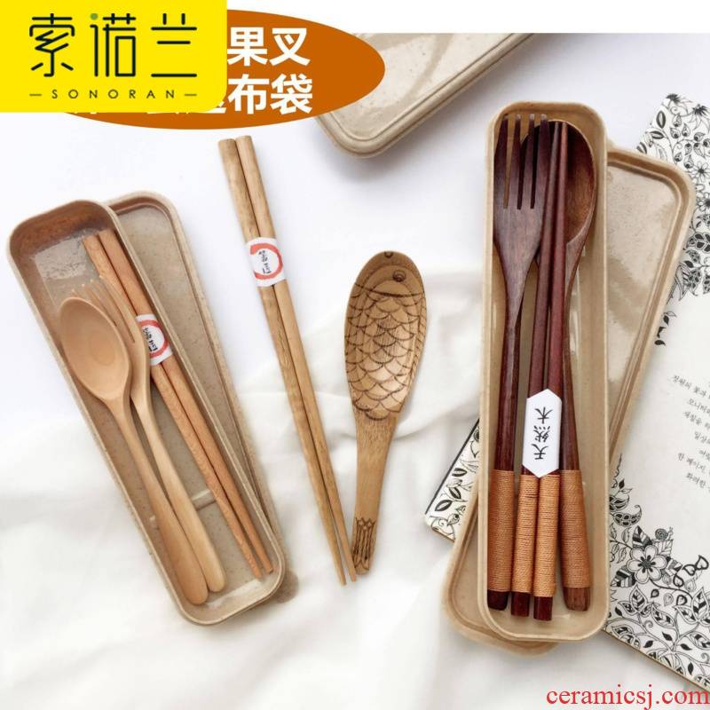 Bamboo spoon is suing travel students adult wooden chopsticks tableware forks portable tableware box of three sets