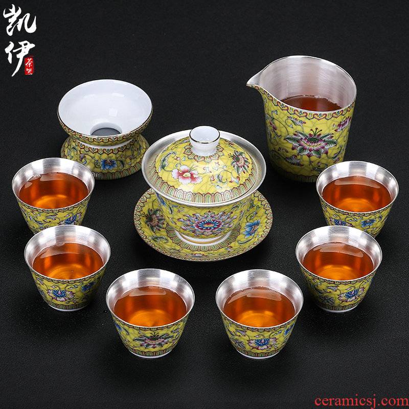 Colored enamel royal Huang Liu, a silver cup kung fu tea set jingdezhen ceramic household silver tureen tea tea set