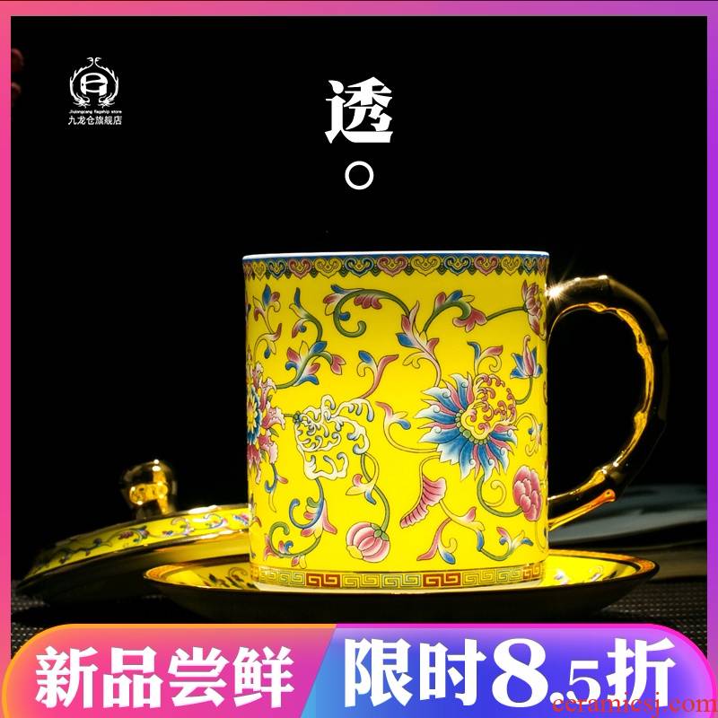 Colored enamel paint Chinese high - capacity ceramic office cup home sitting room single tea cup with tray was gift boxes