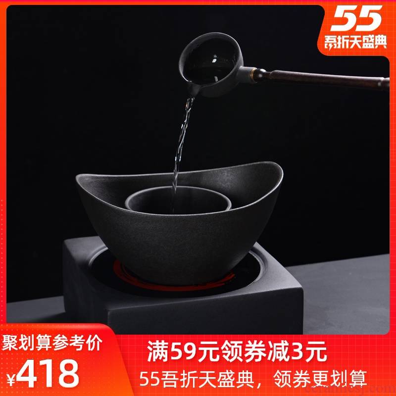 Japanese coarse pottery hand points tea spoon, lava rock - curing the pu - erh tea boiled tea, the electric TaoLu wing cook bowl three - piece suit