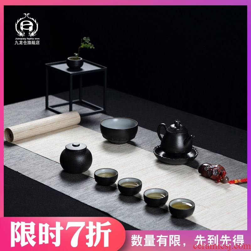 Jingdezhen kung fu tea set suit household creative retro grind arenaceous black glaze ceramic teapot small cups of tea cups