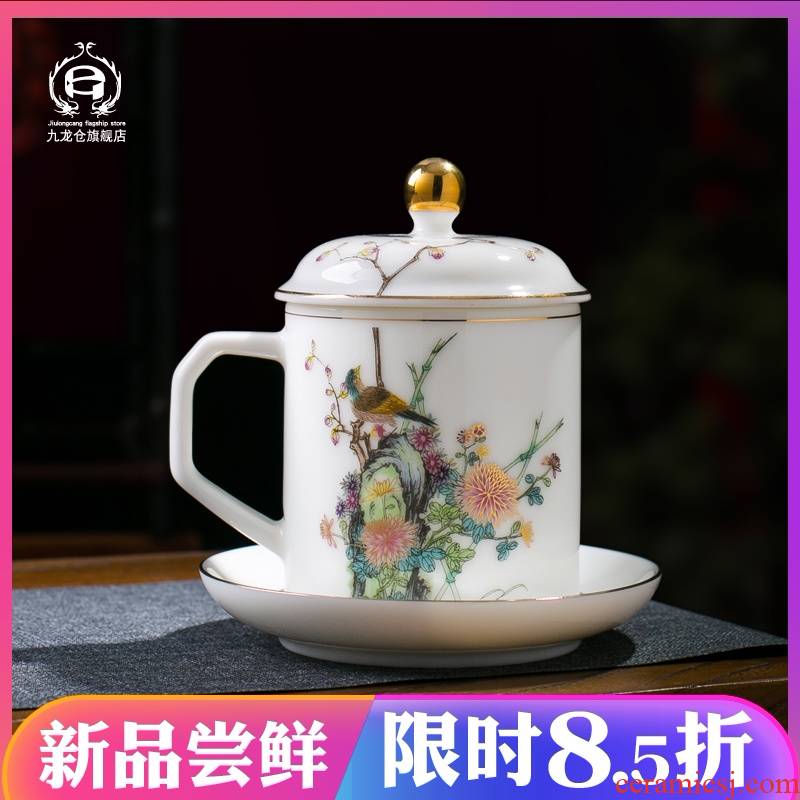 Suet jade office cup gift boxes jingdezhen porcelain enamel paint a single manually with cover tea tea tray