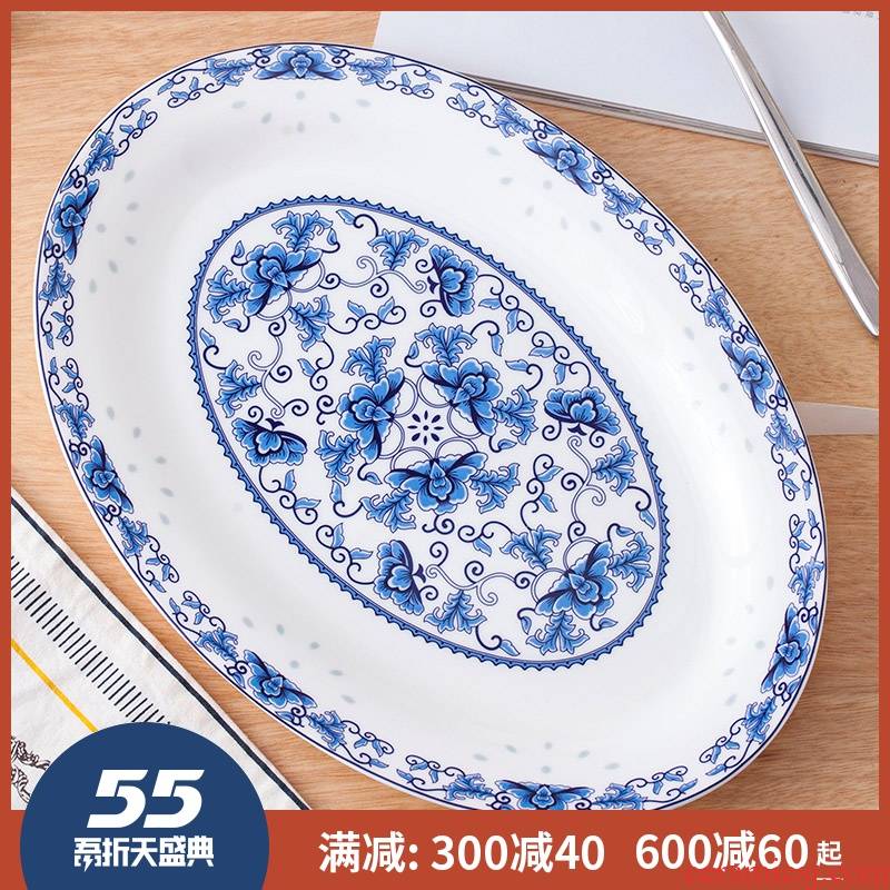 Steamed fish dishes of jingdezhen ceramic contracted ltd. green flower oval Chinese large fish plate of the new home