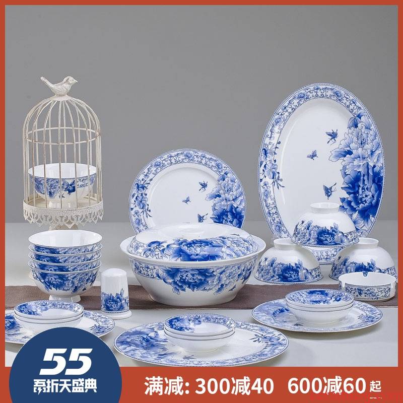 Suit 56 skull jingdezhen porcelain tableware Suit tall bowl bowl of blue and white porcelain plate ceramics glair household