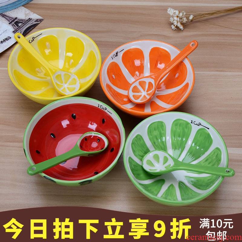Use of cartoon creative fruit lemon ceramic tableware children home sweet watermelon orange suit single spoon, plate