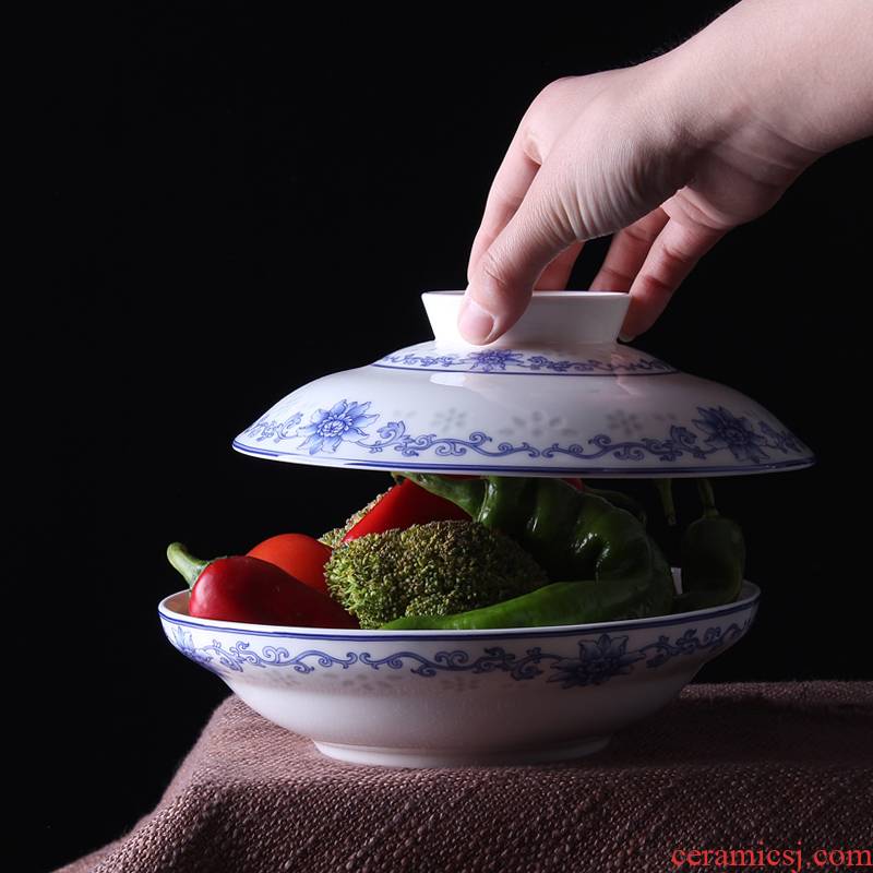 Jingdezhen ceramic and red xin 】 【 device under the blue and white glaze color tableware suit preservation bowl with cover plate