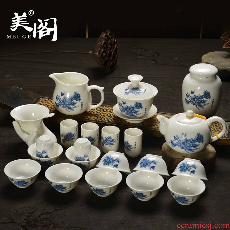 Beauty cabinet kung fu tea set of blue and white porcelain household teapot teacup tureen simple ipads porcelain of a complete set of blue and white peony