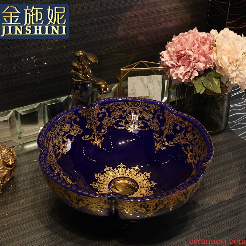 Gold cellnique jingdezhen ceramic art on the stage basin bathroom sink European wind season basin Jin Wen blue lace