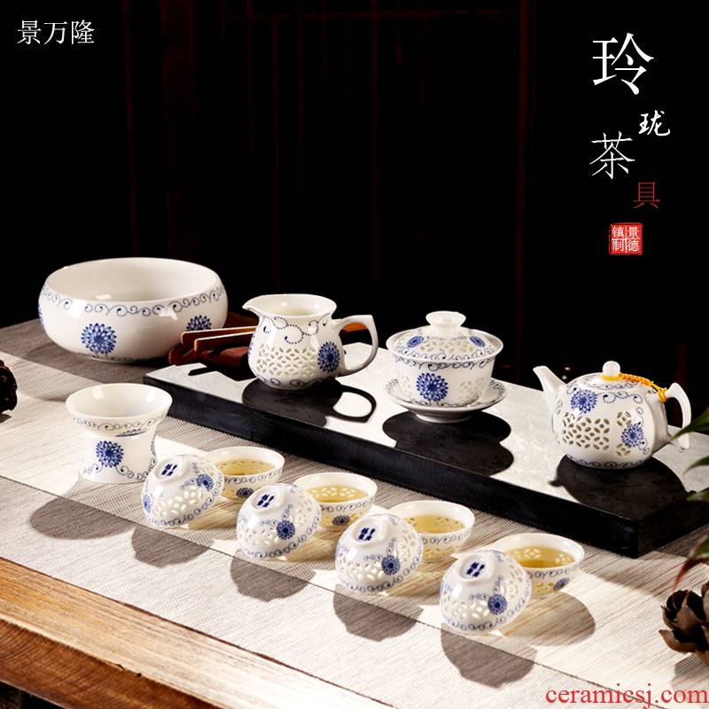 Jingdezhen ceramic porcelain tea set suit hollow - out kung fu home office tureen cups of a complete set of the teapot