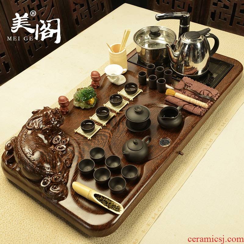 The pavilion tea set home The whole set of purple sand teapot kung fu tea tea tray was electric magnetic furnace tea tea