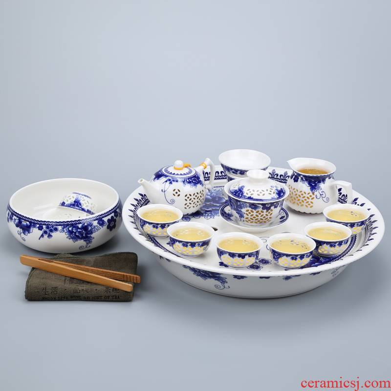 Celadon household ceramic kung fu tea set a complete set of tea cups teapot double ceramic tea tray of blue and white porcelain tea set
